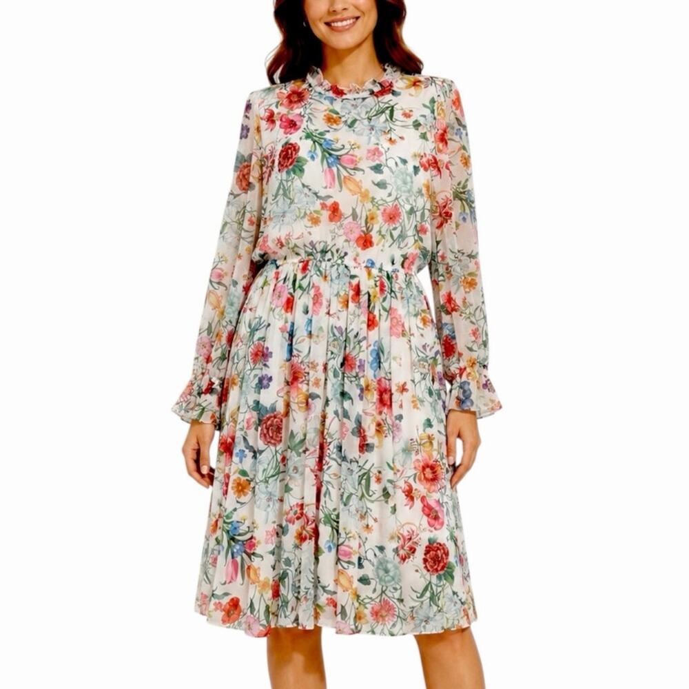 Gibson Latimer Midi Dress Size XL Ruffle Neck Long Sleeve Floral Cottagecore